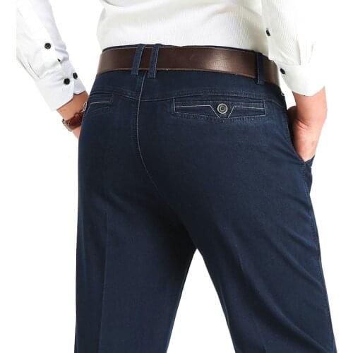 Business Loose 100% Cotton Fabric Jeans for Men Spring Autumn Male Brand Classic Straight Stretch Long Denim Pants Mens Trousers