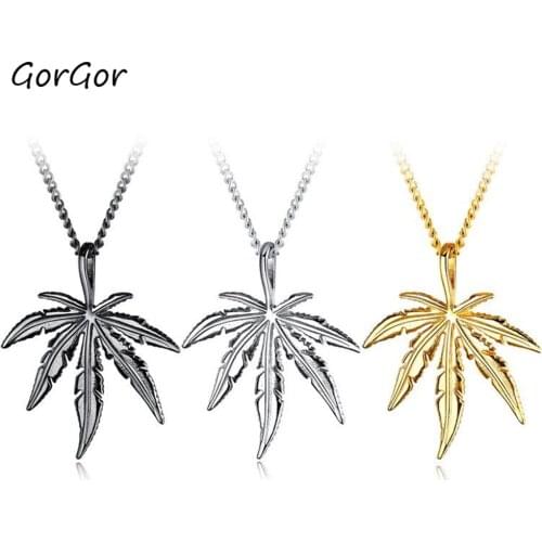 GorGor Necklace Men Titanium Steel Pattern Maple Leaf Pendant Three Colors Available Creative Individuality Accessories TX-1507