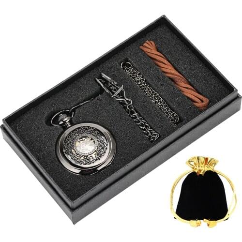Pocket Watch Slim Chain Set Mechanical Pocket Watch Hand-winding Hollow Out Black Dial Pendant Watch for Women Men Gift Set