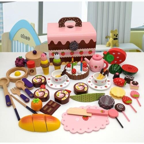 2020 New Hot Diy Wooden Simulation Childrens Family Toy Birthday Cake Afternoon Tea Vegetable Fruit Cut Le Kitchen Toy Set