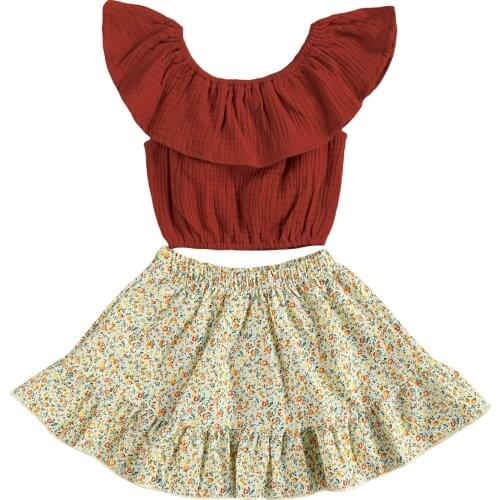 New 2PCS Toddler Girls Summer Outfits, Sleeveless Solid Color Ruffle Crop Tops + Floral Skirt Set