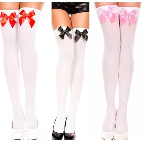 Sexy Womens Hosiery Pink Bow Stay Up Thigh High Silk Stockings Ladies Sweet Bow Stockings Pantyhose Knee High Socks Stockings