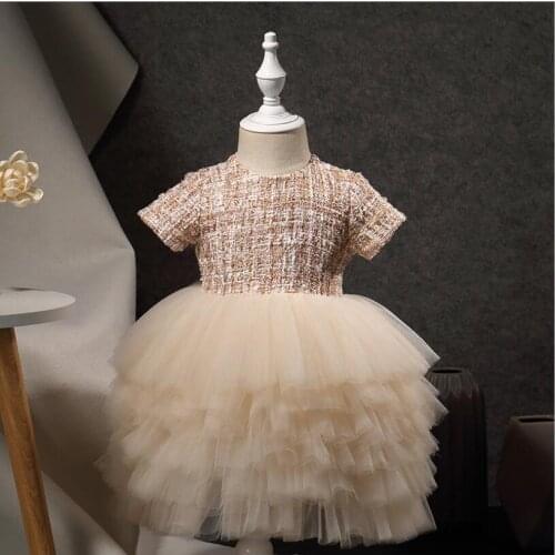 Baby Girl Dresses For Wedding Party Champagne Lace Short Sleeve Christening Gown Infant Newborn 1st Birthday Dress for Baptism