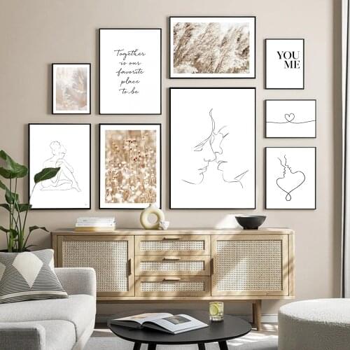 Kiss Couple line Art Beige Landscape Nordic Posters And Prints Wall Art Canvas Painting Wall Pictures For Living Room Home Decor