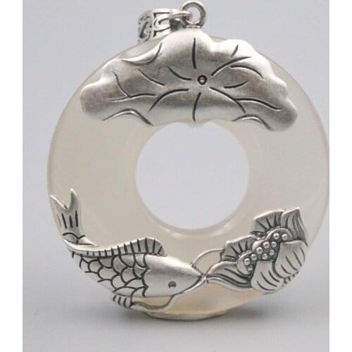 Pure 925 Sterling Silver Pendant 60x44mm White Chalcedony Ring Lotus And fish Pattern Charms