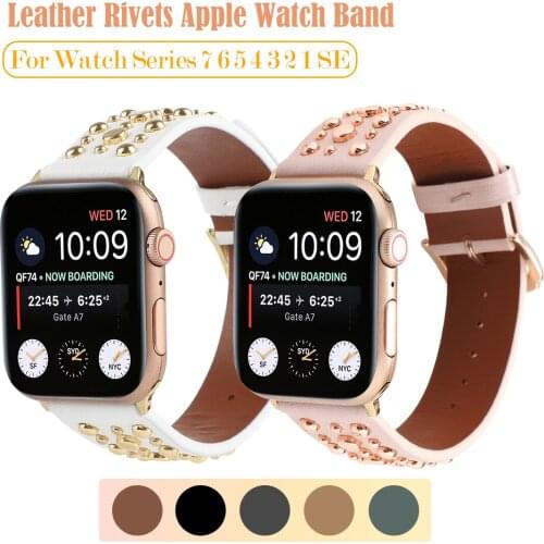 Luxury Rivets Band For Apple Watch Series 7/6/5/4/3 SE Sport Loop Strap Correa Iwatch 38mm 40mm 42MM 44MM Bracelet Leather Belt