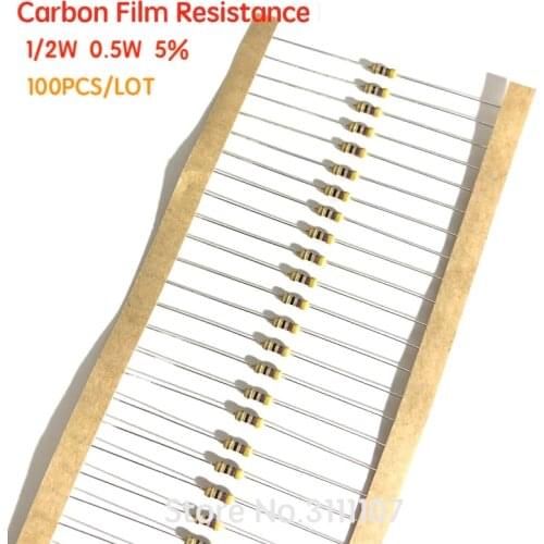 100PCS/LOT 1/2W Carbon Film Resistors 5% Color Ring Resistance 1R 1.2R 2.2R 10R 33R 1K 6.8K 10K 39K 100K 360K 510K 1M ohm