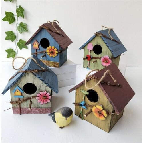 Hand-painted Bird House w/Flowers Outdoor Porch Rustic Decorative Birdhouses