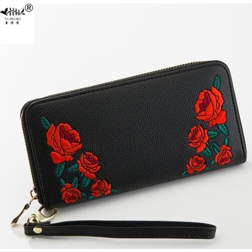 Embroidery Flower Wallet Purse Bags Bag Women Fashion Vintage Bohemian PU Leather Womens Clutch Wallets Bag free shipping