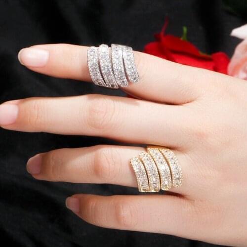 ThreeGraces New Sparkling Cubic Zirconia Inlaid Crystal Adjustable Finger Rings Trendy Gold Color Bride Wedding Jewelry RG127