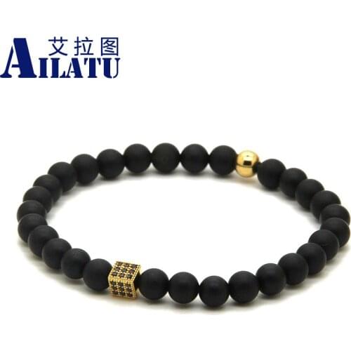 Ailatu Lady and Men Jewelry Fashion Brand 6mm Matte Onyx Stone with Micro Inlay Black Zircons Square Cz Beads Bracelets