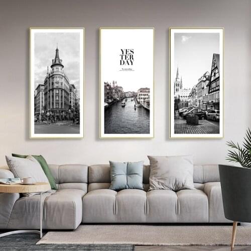 Building Crossroad Street River Bend Wall Canvas Painting Black White Nordic Posters Prints Wall Pictures Living Room Home Decor