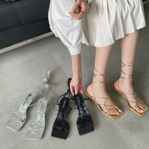 2021 Fashion Women Sandals Thin Low Heel Lace Up Rome Sandal Summer Gladiator Casual Sandal Narrow Band Shoes Big Size 40