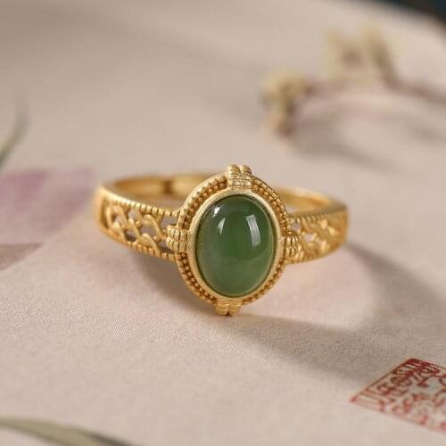 SNew silver natural jasper oval ring light luxury hollowing process golden noble Chinese retro style womens brand jewelry