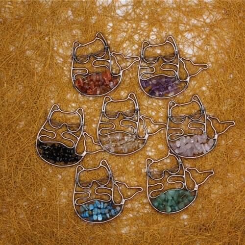 12pcs Naturalstone Mermaid get rich cat pendant necklace Bronzeclr Meditation Quartz Treat Crystal Charm for Jewelry Making Free
