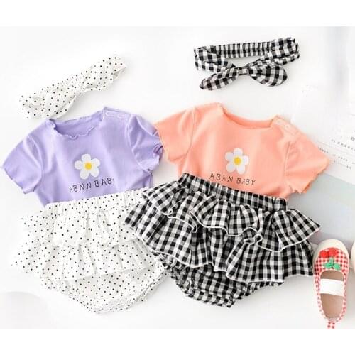 21 Years Summer Baby Flower Candy Color Cute Polka Dot Plaid Set Baby Two-piece Set + Hair Band Baby Girl Clothes