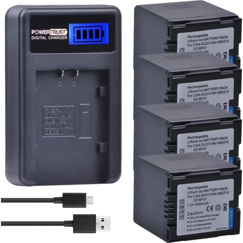 4Pcs CGA-DU21 CGA DU21 Camera Battery + LCD USB Charger for Panasonic NV-GS330 GS400 GS408 GS500 GS508 MX500 PV-GS90 GS120 GS150