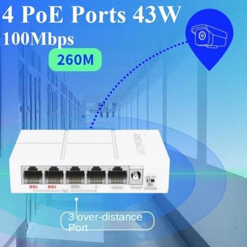 5 Port 4 PoE 43W 100Mbps data CCTV Camera Switch Network NVR Switch Desktop Ethernet PoE Network Switch Plug&Play Auto MDI/MDIX