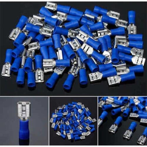 50pcs/set FDFD2-250 Blue Female Spade Blade Electrical Wiring Connector Insulated Crimp Terminal Spade Connector Kit 1.5-2.5mm2