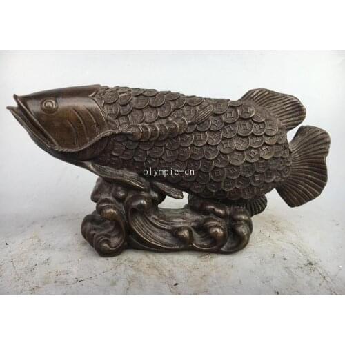 9'' Fine Copper Bronze home fengshui decor carved coin wealth fish statue