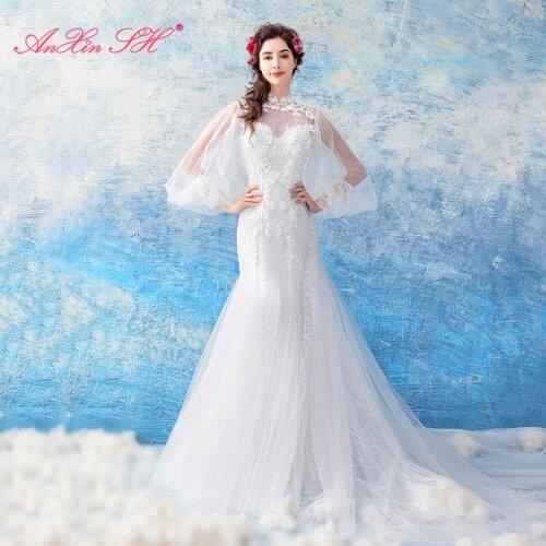 AXJFU luxury princess white lace high neck mermaid wedding dress lace veil beading flower tail trumpet wedding dress 1608