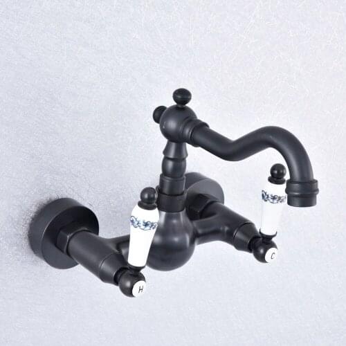 Oil Rubbed Bronze Dual Handles Bathroom Kitchen Sink Faucets Wall Mounted Swivel Spout Two Holes Kitchen Mixer Taps Nsf701