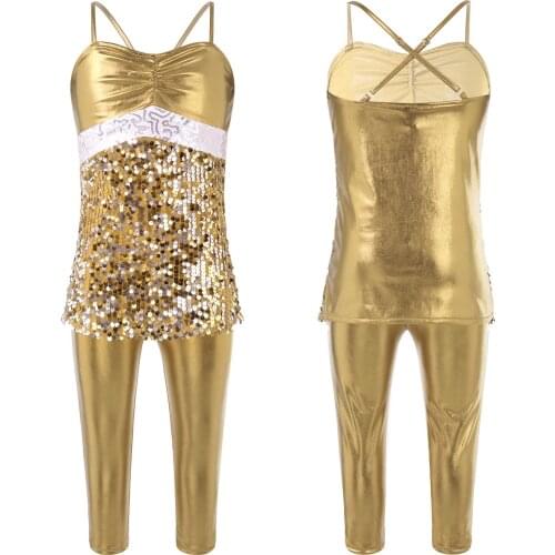 Kids Girls Shiny Sequin Modern Jazz Dance Costume 2Pcs Outfit Sleeveless Open Back Children Stage Performance Jazz Dancewear
