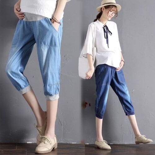 7/10 Length Maternity Denim Pants For Pregnant Women Summer Clothes Nursing Pregnancy Loose Trousers Plus Size Clothing Blue