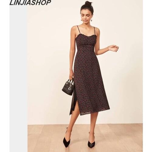 Elegant Vintage split dress chiffon with straps slash neck backless A line slim waist elastic bust summer party dress women
