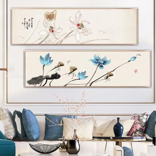 Chinese Style Simple Flower Butterfly Decorative Painting Long Banner Modular Wall Art Canvas Painting for Living Room Decoratio