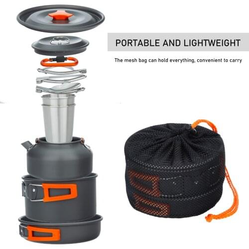 Outdoor Camping Cookware Set Folding Portable Pot Pan Kettle Cup Spoon Fork Cutter Carabiner for Picnic Hiking Camping Equipment