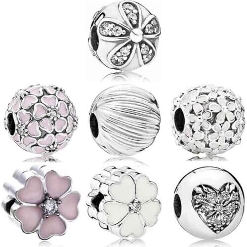 Original Cherry Blossom Primrose Daisy Flower Heart Of Winter Clip 925 Sterling Silver Bead Charm Fit Pandora Bracelet Jewelry