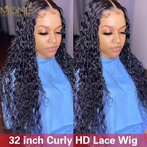 13x4 HD Lace Frontal Wig 32 Inch Curly Lace Front Human Hair Wigs For Women Deep Wave Perruque Cheveux Humain Preplucked MISNEY