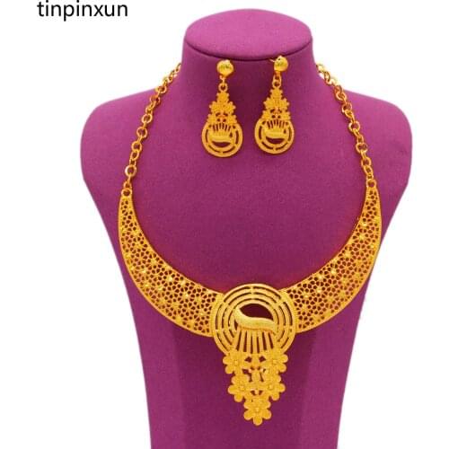 PINXUN 24K Dubai Gold Color Jewelry Set For Women Necklace Earring Luxury Sets African Indian Bridal Wedding&Engagement Gifts