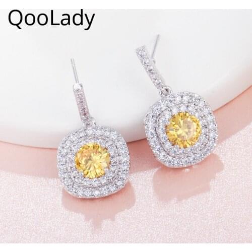 QooLady Korean Micro pave Full Yellow Round Shape Cubic Zirconia Top Quality Square Drop Earrings For Women Daily Costume E037