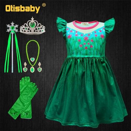 Christmas Snow Queen Party Elsa Anna Dress for Girls Halloween Carnival Princess Costume for Kids Childrens Green Clothing