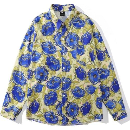 Mens Floral Print Hawaii Beach Shirts Male Button Shirts Harajuku Streetwear Fall Long Sleeve Oversize Blouse camisa masculina