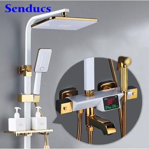 Thermostatic Shower Set Senducs Wall Mounted Bathroom Shower System White Gold Brass Bathtub Mixer Faucet Digital Shower Set