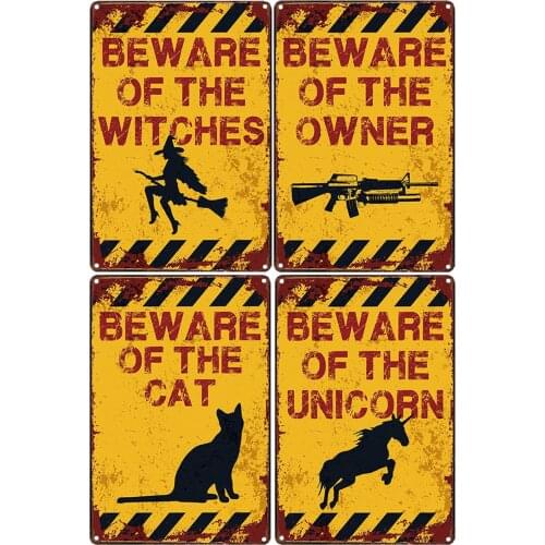 Vintage Metal Poster of Beware of The Witches for Bar Decoration Beware of The Owner Cat Unicorn Personalized Metal Tin Poster