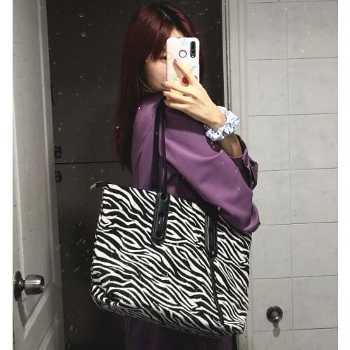 Women Canvas Tote Bag Korean Zebra Pattern Soft Fashion Shoulder Bag Handbag High-Capacity Shopping Bag