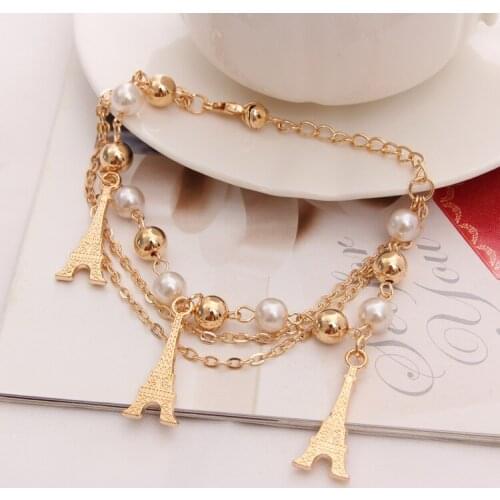 Women Fashion Bridal Jewelry Towel Simulated Pearl Beads Charm Bracelets Gold Color Chain Statement Bracelets & Bangles