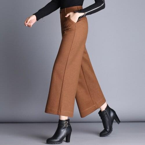 Winter Fall Fashion Casual Womens Camel Black High Waisted Wide Leg Wool Pants , 4xl 3xl Ankle Length Woolen Trousers For Woman
