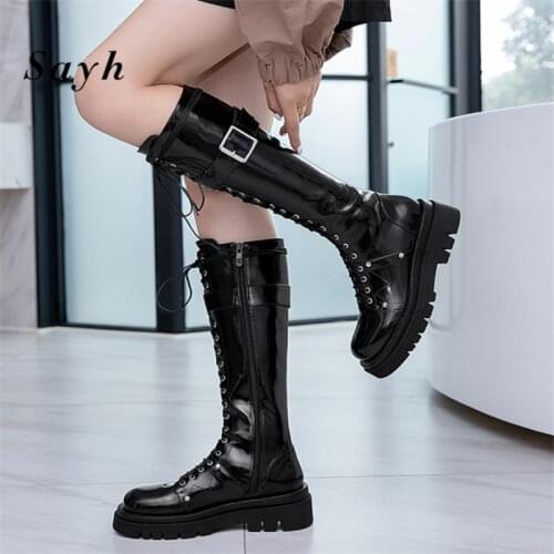 Winter Women Black Knee High Boots Wedge Platform Boots Riding Punk booties Shoes Lace Up Casual Chelsea Boots Size Plus