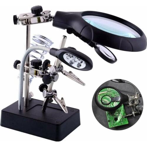 2.5X7.5X10X Professional LED Soldering Iron Stand Helping Hands Magnifier Glass Clamp Holder For Biological Observation Reading