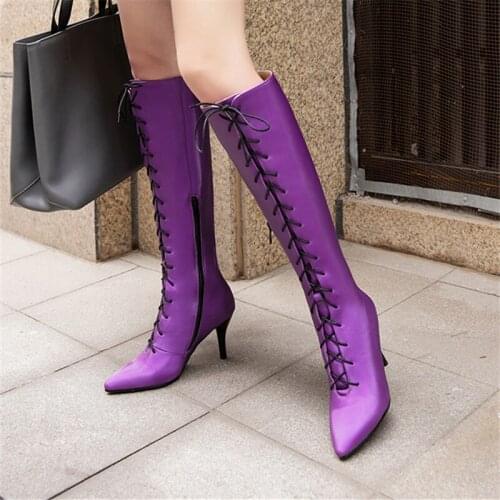 2021 Fashion Women Boots Woman Stiletto Sexy Over the Knee Boots Pointed Toe High Heels Long Boots purple BlackLarge size 33-43