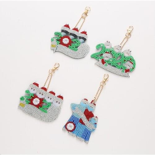 4Pcs DIY Drill Keychains Diamond Painting Rhinestone Embroidery 2020 Word Special Shape Shining Bag Pendants for Christmas Decor