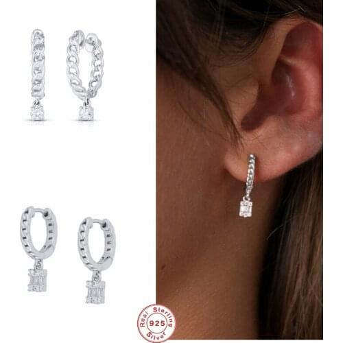 GS 925 Sterling Silver Gold Hoop Earrings For Women Cubic Zirconia Jeweled Single Crystal Pendant Chain Shape Circle Earring