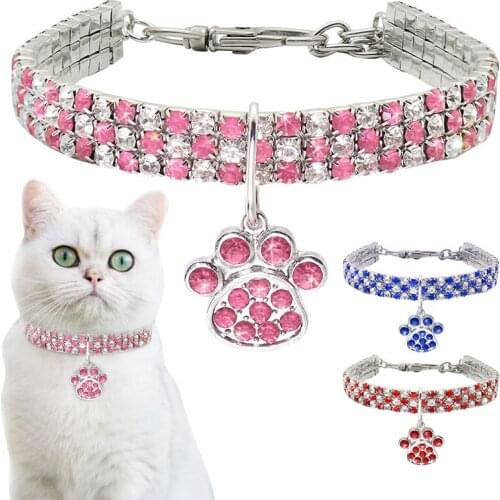 Shinny Rhinestone Pet Collar Sparkly Crystal Diamonds Elastic Necklace With Paw Pendant For Cats Dogs Collar Pet Supplies