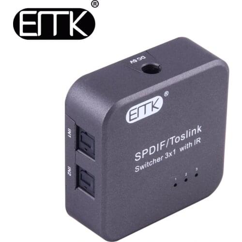 EMK Digital SPDIF Toslink Optical Audio Cable Switch 3x1 with IR Remote Controller Support 5.1 Bidirectional Manual Switcher