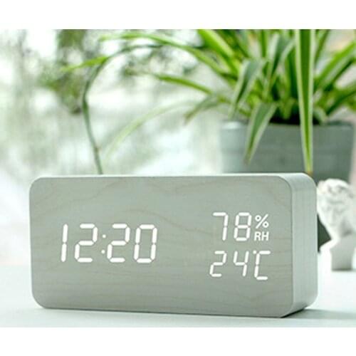 Wooden Table Clock Voice Control LED Digital Clock Alarm Clock with Three Group Ringing Calendar Temperature Humidity Function
